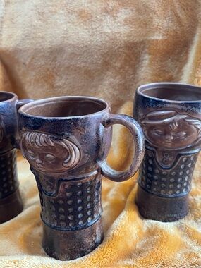3 Holt Howard Artisan  Brown Glazed Ceramic Face Mug with Handle
